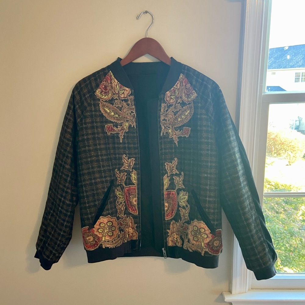 Vintage Plaid Bomber with Embroidery Details